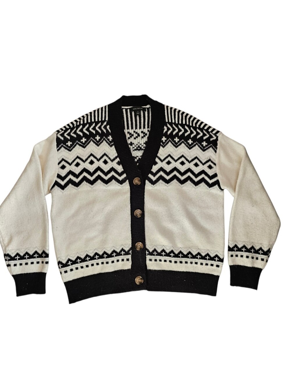 Ann Taylor Black & White Geometric Cardigan Sweater Size Medium